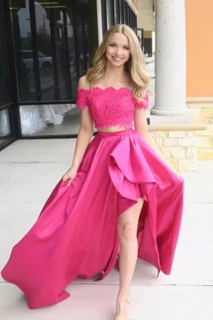 Two Piece Off-the-Shoulder Short Sleeves Fuchsia Prom Dress with Pockets PSK120