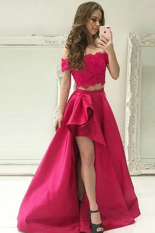 Two Piece Off-the-Shoulder Short Sleeves Fuchsia Prom Dress with Pockets PSK120