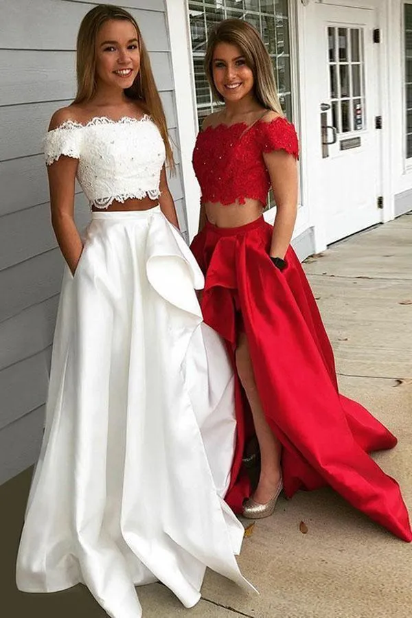 Two Piece Off-the-Shoulder Short Sleeves Fuchsia Prom Dress with Pockets PSK120