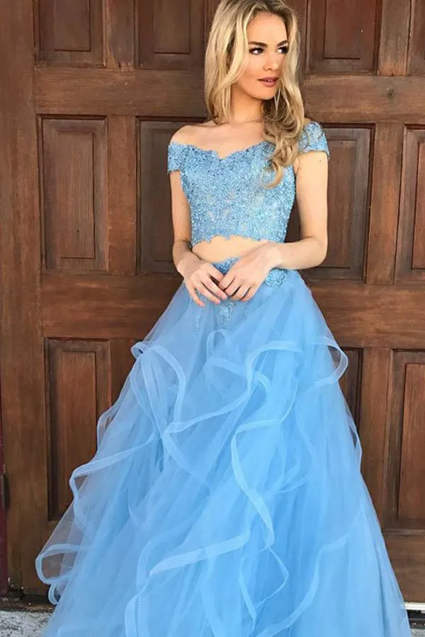 Two Piece Off The Shoulder Sky Blue Organza Prom Dress with Appliques PG451