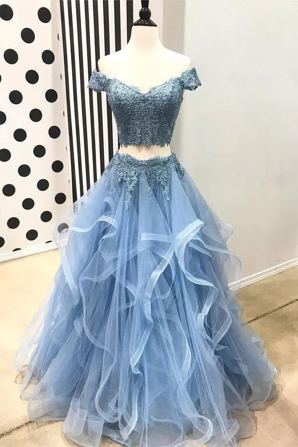 Two Pieces Off Shoulder Short Sleeve Light Blue Lace Prom Dress  PG556