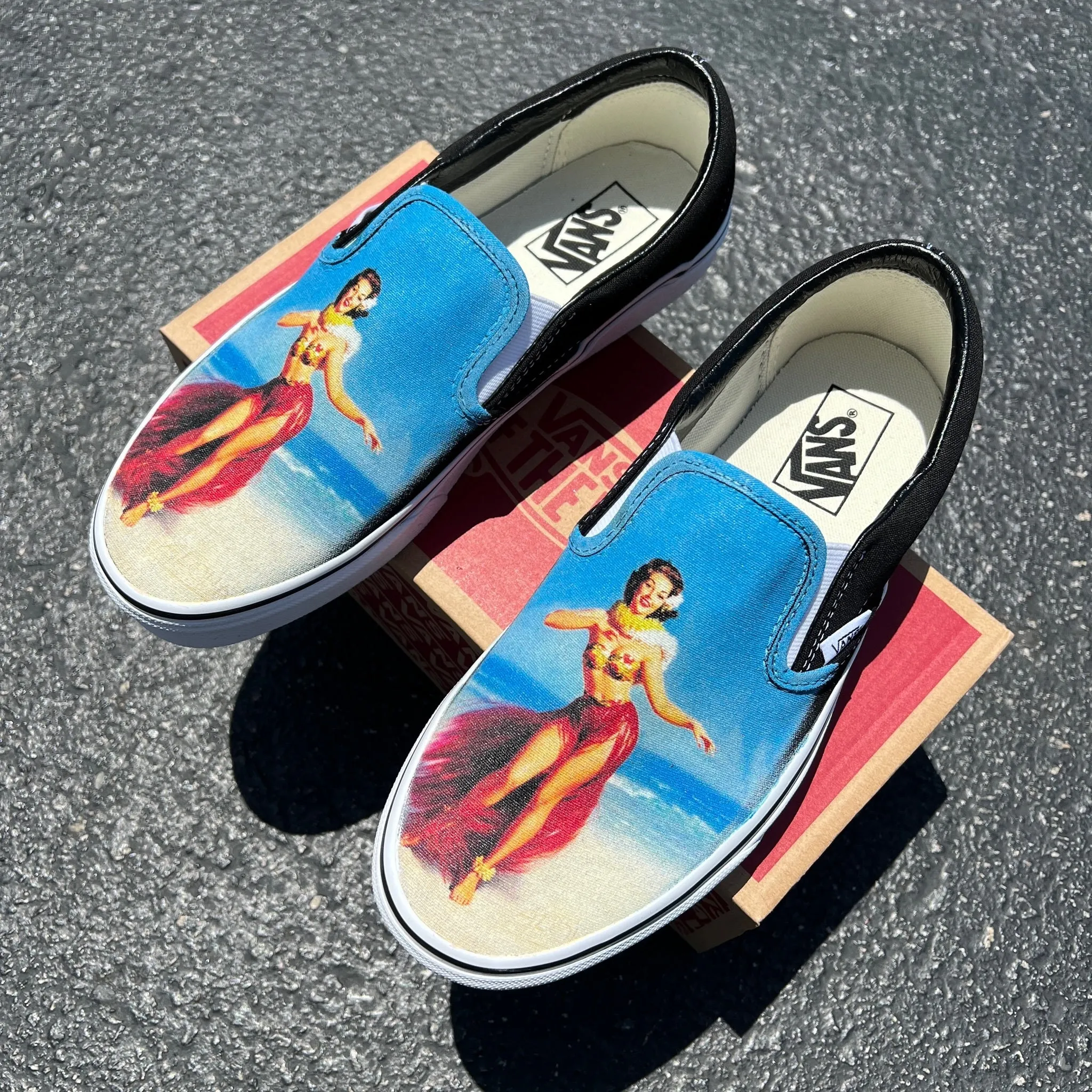 Vintage Hula Dancer Tropical Beach Hawaii Slip On Vans