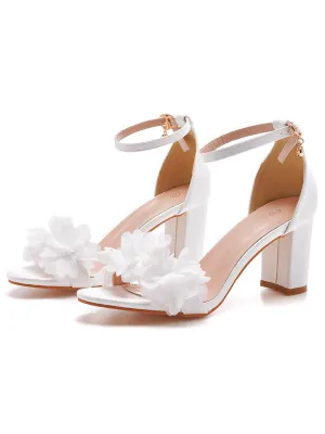 White 3D Flower Chunky Heel Sandals