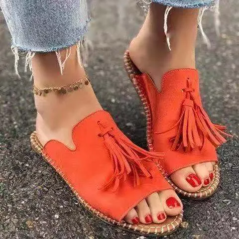 Women Flat Flip Flops Tassel Lace Up Casual Sandals Round Toe Plus Size Straw Sandals Lightweight Comfortable Beach Slippers