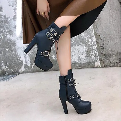 Women studded lace up buckle strap platform block heel combat boots