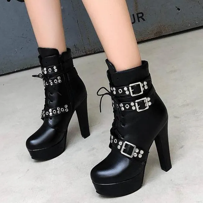 Women studded lace up buckle strap platform block heel combat boots