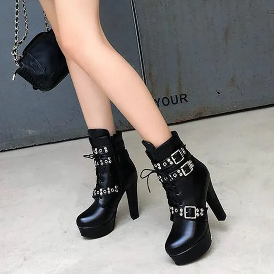 Women studded lace up buckle strap platform block heel combat boots