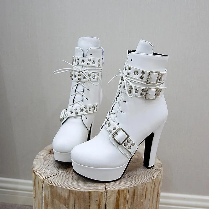 Women studded lace up buckle strap platform block heel combat boots