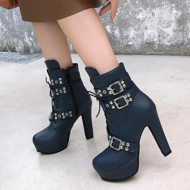 Women studded lace up buckle strap platform block heel combat boots