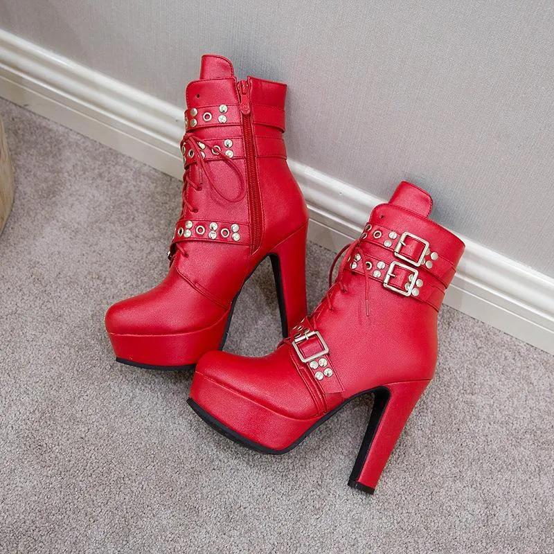 Women studded lace up buckle strap platform block heel combat boots