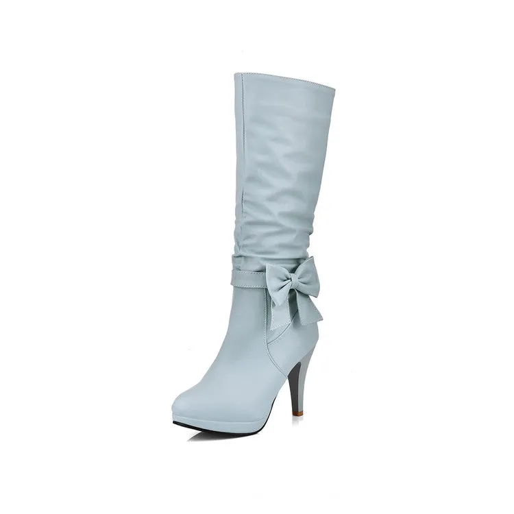 Women's Bow Tie Slouch Cone Heel Platform Side Zippers Knee High Boots