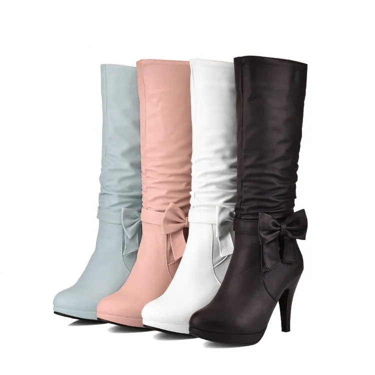 Women's Bow Tie Slouch Cone Heel Platform Side Zippers Knee High Boots