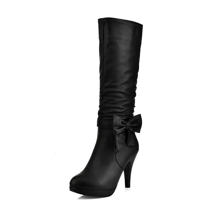 Women's Bow Tie Slouch Cone Heel Platform Side Zippers Knee High Boots