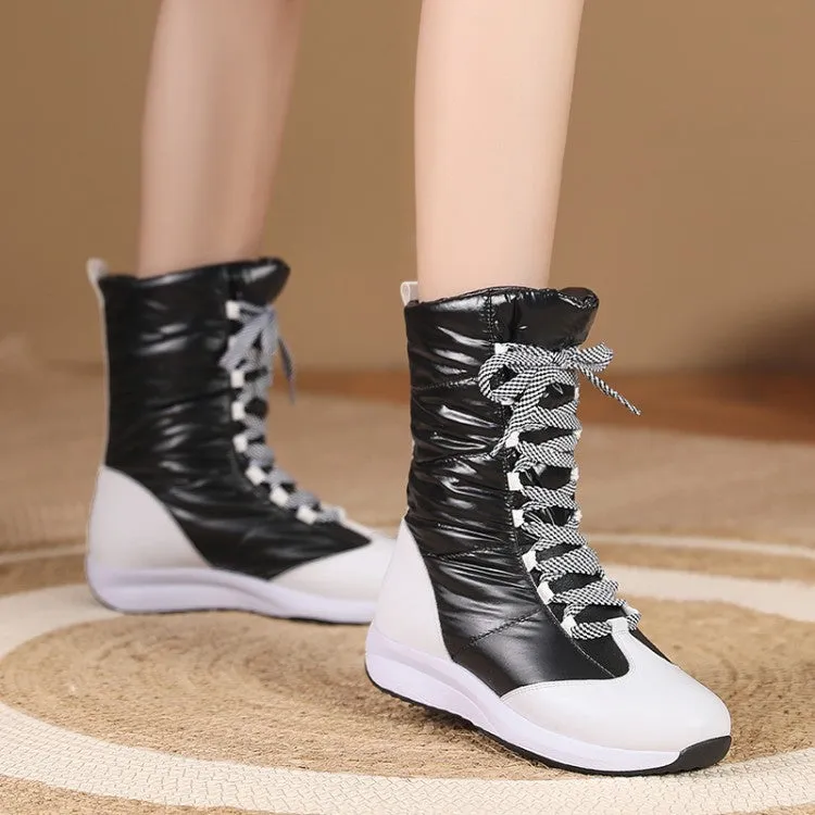 Women's Leather Wedges Heels Winter Down Mid Calf Snow Boots