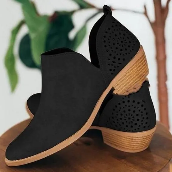 Women's low heel slip on side slit booties hollow fashion ankle boots