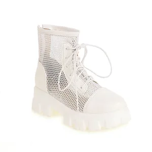 Women's Mesh Lace Up Back Zippers Block Chunky Heel Platform Short Boots