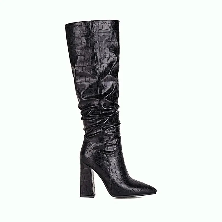 Women's Pattern Pu Leather Pointed Toe Block Heel Knee High Boots