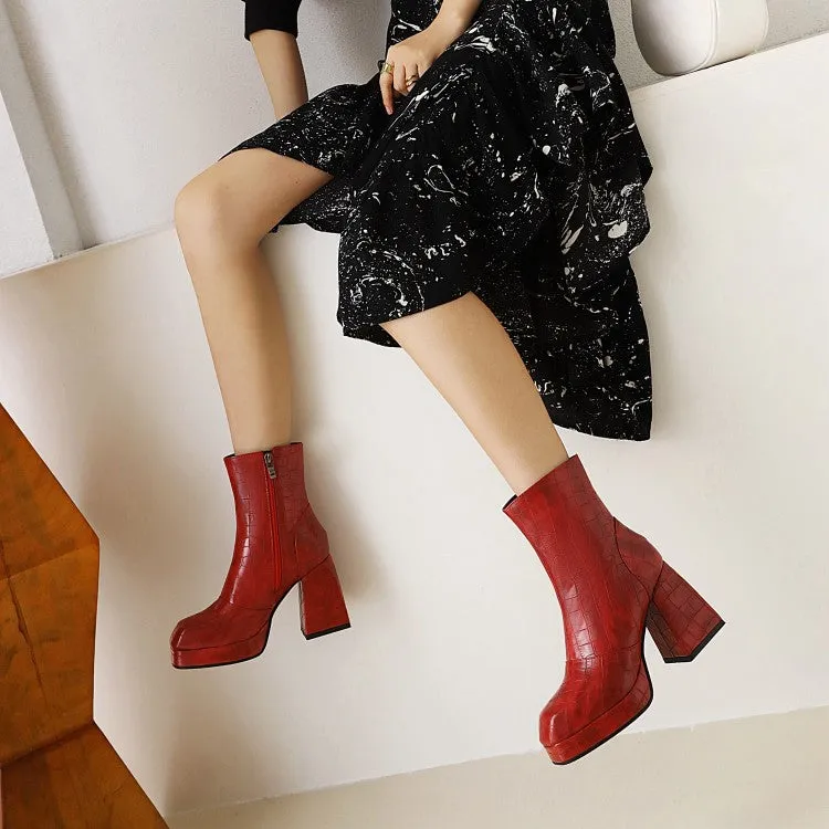 Women's Pattern Pu Leather Square Toe Side Zippers Block Heel Platform Short Boots