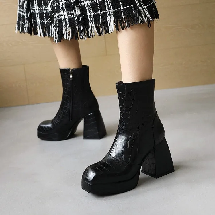 Women's Pattern Pu Leather Square Toe Side Zippers Block Heel Platform Short Boots