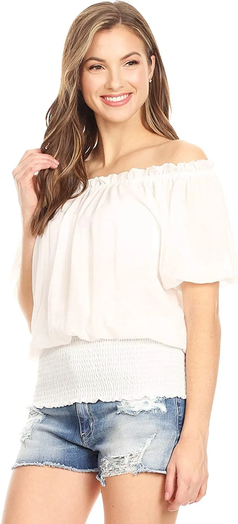 Women's Peasant Blouse off Shoulder Ruffle Shirts Boho Short Sleeve Smocked Top