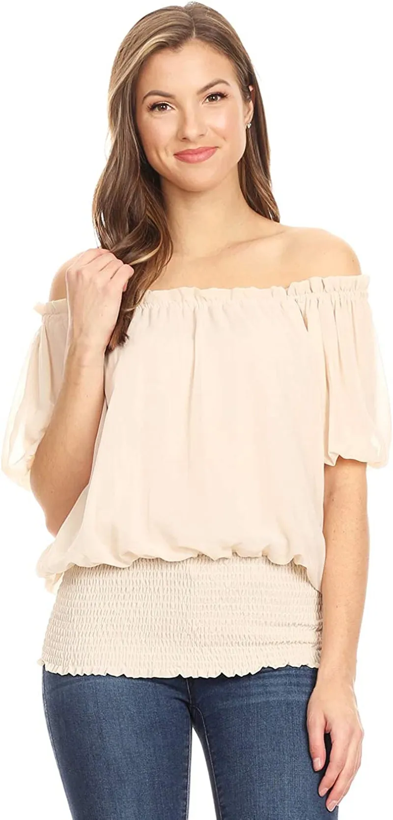 Women's Peasant Blouse off Shoulder Ruffle Shirts Boho Short Sleeve Smocked Top