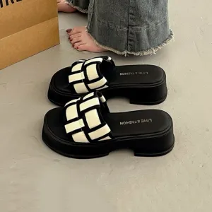 Women’s Platform Slides, Peep Toe Sandals Wedge, Black White Woven Vacation Shoes, Round Head Sandals, Thick Sole Casual Everyday Slippers