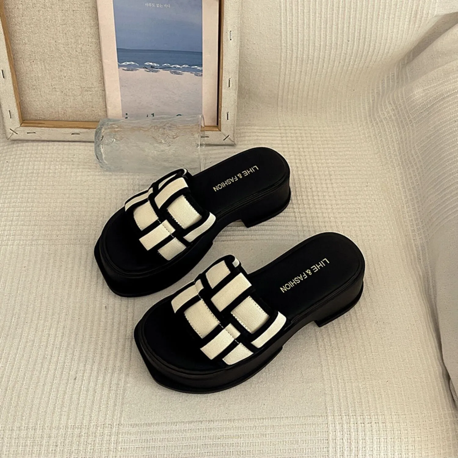 Women’s Platform Slides, Peep Toe Sandals Wedge, Black White Woven Vacation Shoes, Round Head Sandals, Thick Sole Casual Everyday Slippers