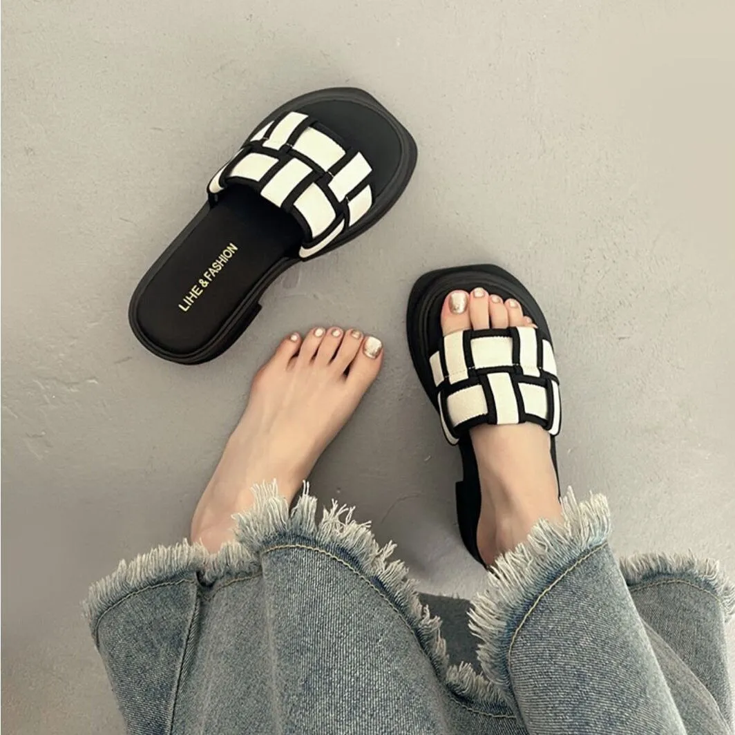 Women’s Platform Slides, Peep Toe Sandals Wedge, Black White Woven Vacation Shoes, Round Head Sandals, Thick Sole Casual Everyday Slippers