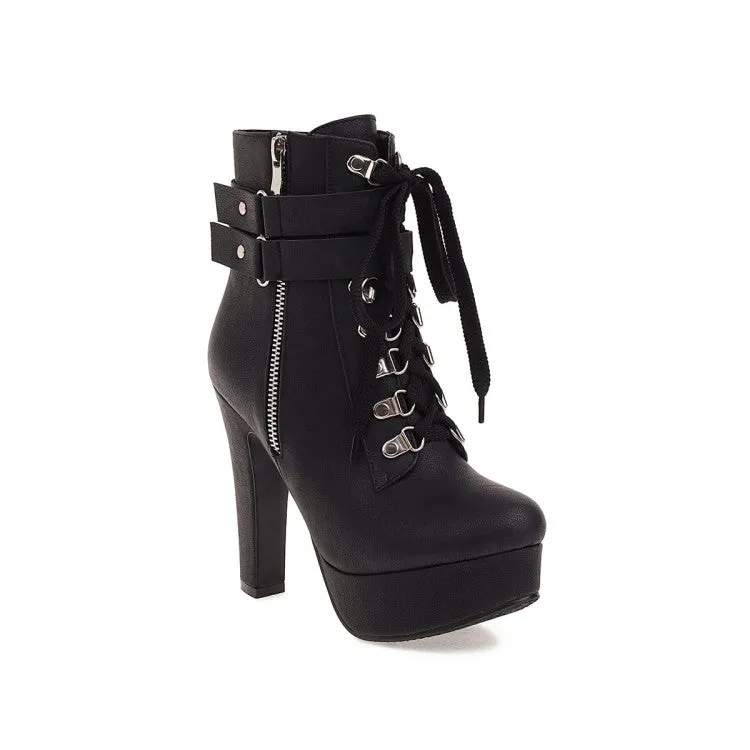 Women's Pu Leather Belts Buckles Lace Up Side Zippers Chunky Heel Platform Short Boots