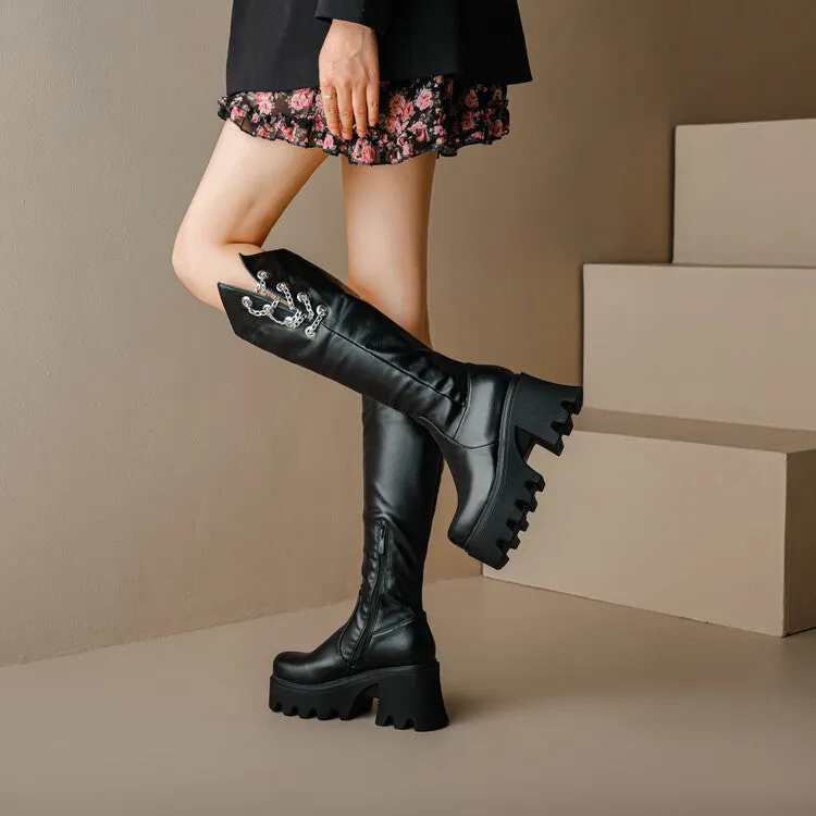 Women's Round Toe Metal Chains Block Heel Platform Knee-High Boots