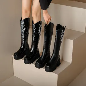 Women's Round Toe Metal Chains Block Heel Platform Knee-High Boots