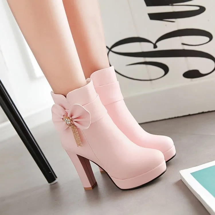 Women's Round Toe Rhinestone Tassel Chunky Heel Platform Ankle Boots