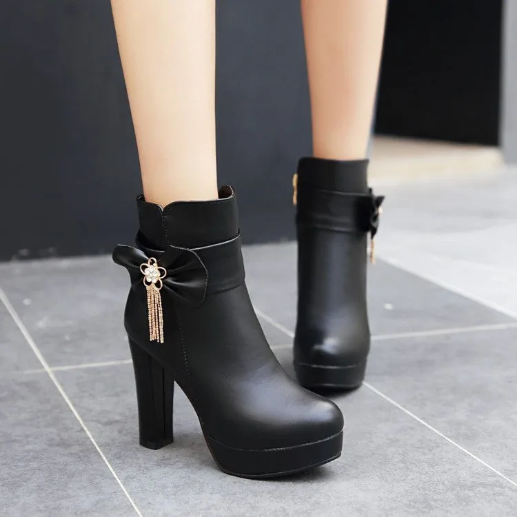 Women's Round Toe Rhinestone Tassel Chunky Heel Platform Ankle Boots