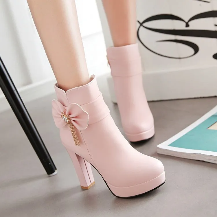 Women's Round Toe Rhinestone Tassel Chunky Heel Platform Ankle Boots