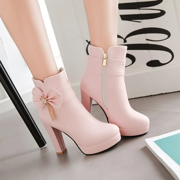 Women's Round Toe Rhinestone Tassel Chunky Heel Platform Ankle Boots