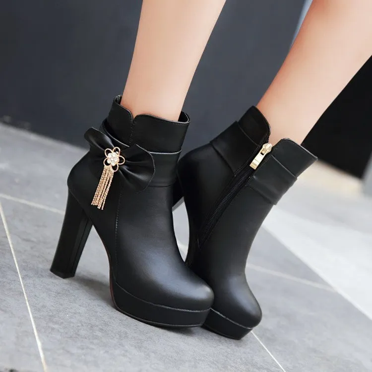 Women's Round Toe Rhinestone Tassel Chunky Heel Platform Ankle Boots