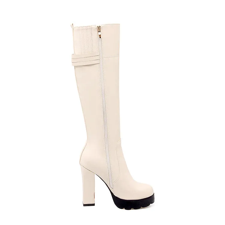 Women's Round Toe Side Zippers Chunky Heel Platform Knee-High Boots